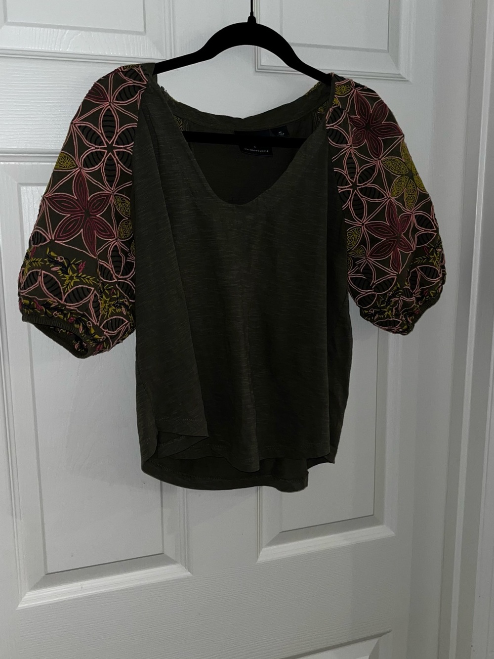 Maeve Anthropologie Bridey Short Sleeve Small Petite Embroidered Top Olive Green - Picture 3 of 6